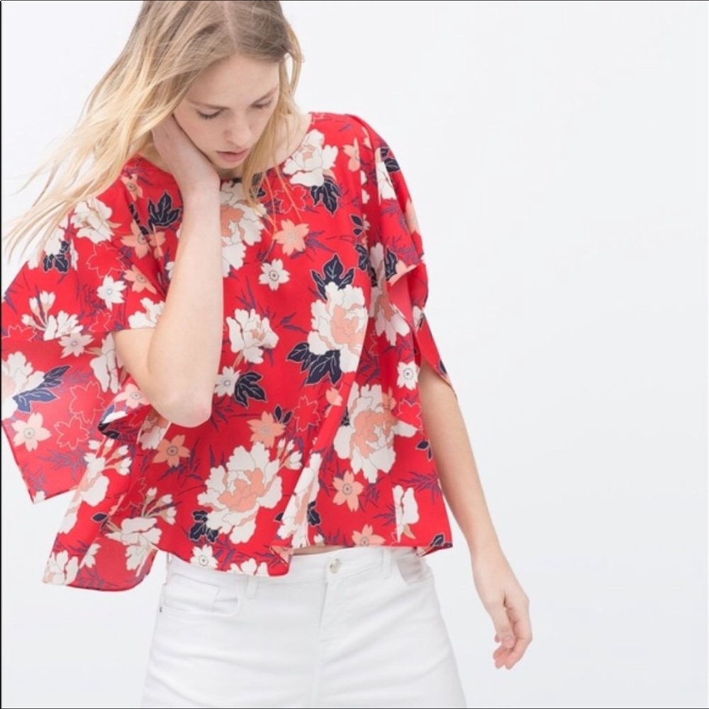 Zara Kimono Sleeve/Split Back Floral Blouse Sz M